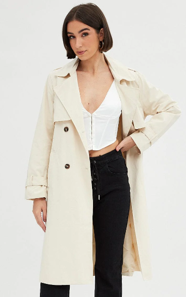 Cotton Long-Sleeve Beige Trench Coat for Stylish Outfits.