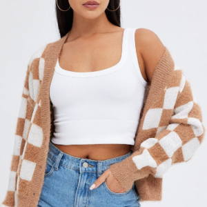 Oversized Beige Check Cardigan