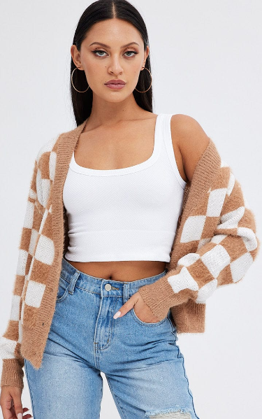 Oversized Beige Check Cardigan