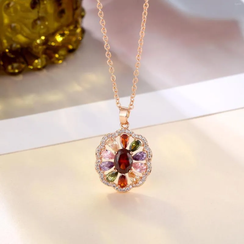 Pendant Necklaces Mona Lisa Style 7 Color Round Flower Rose Gold Necklace For Women Girls Christmas Valentine's Day GIft Fashion Jewelry