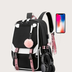 Fashionable Black and Pink Canvas USB School Bag for Girls