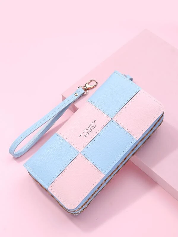 Letter Graphic Colorblock Zipper Around Long Wallet