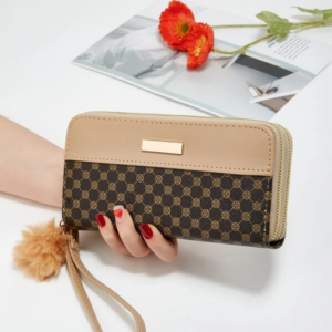 Long Wallet with Geometric Pattern and Pompom Decoration
