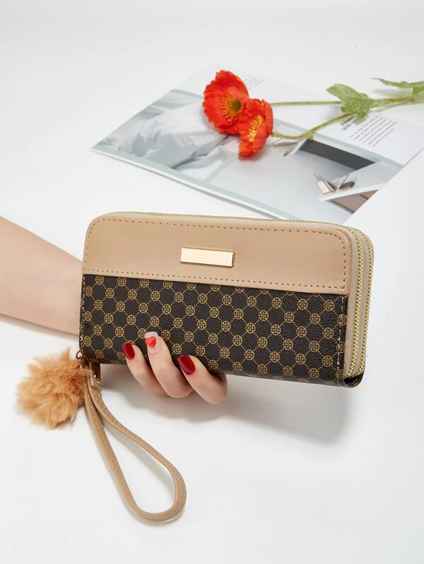Long Wallet with Geometric Pattern and Pompom Decoration