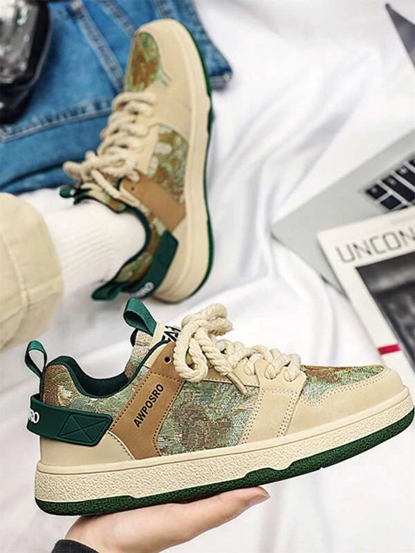 Colorblock Lace-up Sport Sneakers for Men, Outdoor Skate Shoes