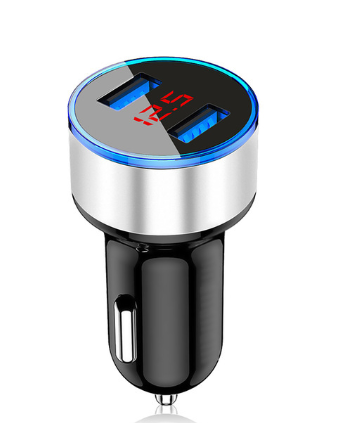 12V Car Charger with LED Display and Dual USB Ports