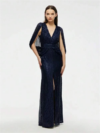 Sequin Formal Dress with Split Thigh and Cloak Sleeve