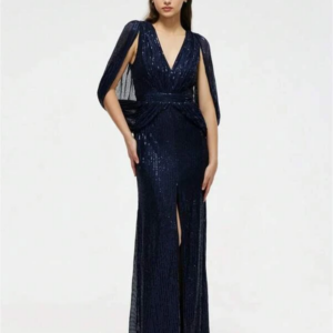 Sequin Formal Dress with Split Thigh and Cloak Sleeve