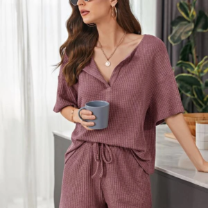 EMERY ROSE Waffle Knit Top & Track Shorts Set