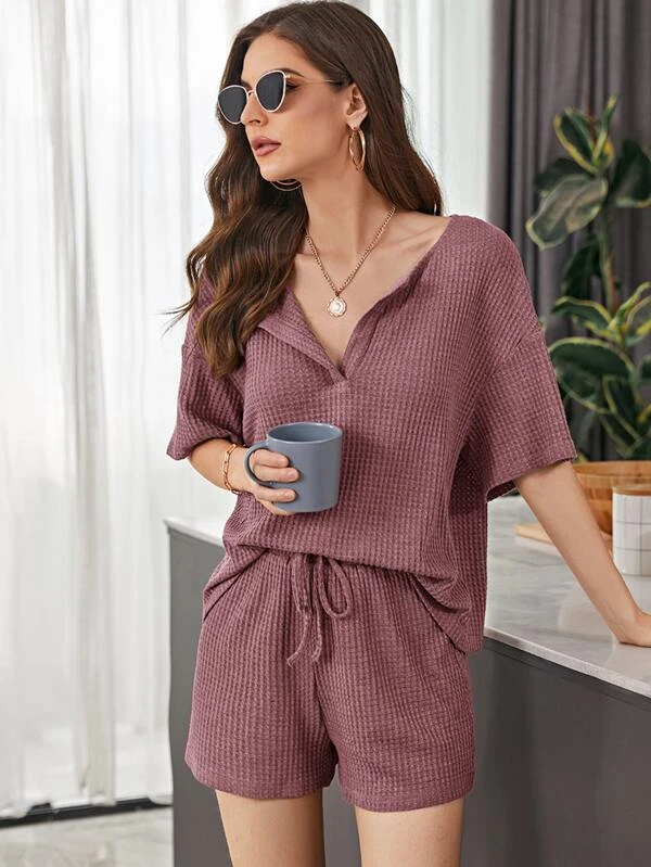 EMERY ROSE Waffle Knit Top & Track Shorts Set