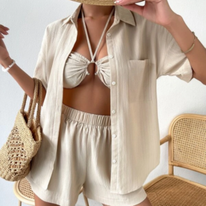 VCAY Drop Shoulder Shirt, Tie Backless Halter Top, and Shorts