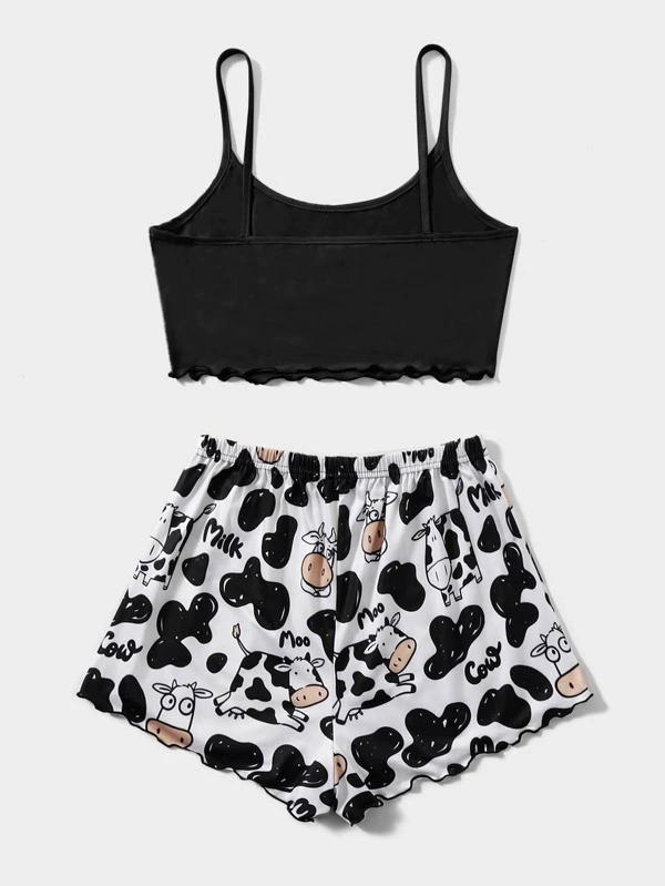 Cute Cow Print Cami PJ Set with Lettuce Trim