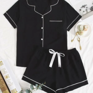 Color-blocked Tie-Front Pajama Set with Lapel