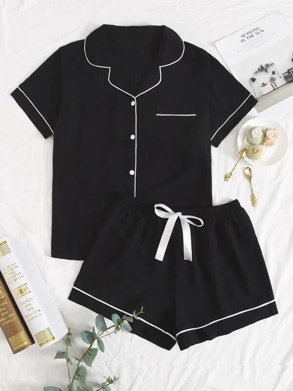 Color-blocked Tie-Front Pajama Set with Lapel