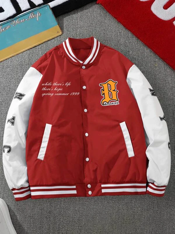Colorful Slogan Graphic Varsity Jacket for Stylish Men