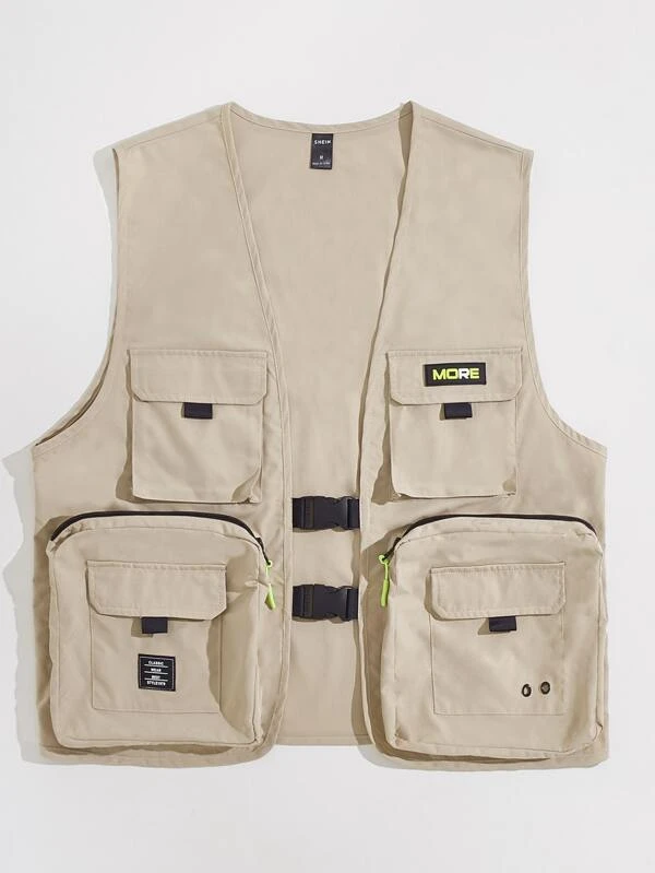 Vest Jacket for Men with Flap Pockets and Letter Patches