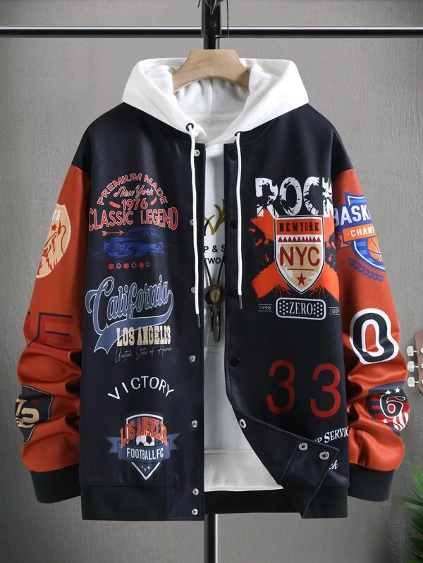 Colorblock Bomber Jacket with Letter Graphic for Men