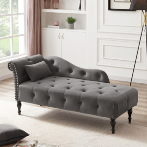 Aijia 60.6″ Velvet Chaise Lounge Buttons Tufted Nailhead Trimmed Solid Wood Legs with 1 Pillow,Grey (Left Arm Design as Shown in the Picture)