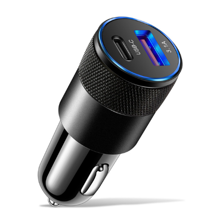 Fast Charging Car Charger with 2 USB Ports and Type-C Adapter