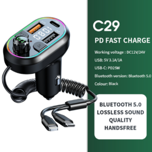 Car Bluetooth 5.0 FM Transmitter Wireless Audio Receiver Car MP3 Player 25W PD Fast Charge With Apple Type-C Port Charging Cable