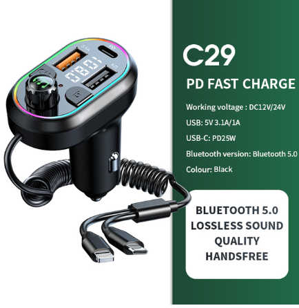 Car Bluetooth 5.0 FM Transmitter Wireless Audio Receiver Car MP3 Player 25W PD Fast Charge With Apple Type-C Port Charging Cable
