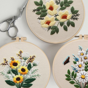 Beginner’s Embroidery Kit: 3 Floral Patterns, Hoops, Threads, Needles