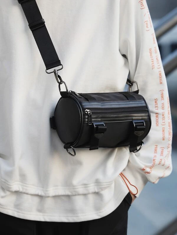 Men Release Buckle Decor Zip Front Bucket Bag