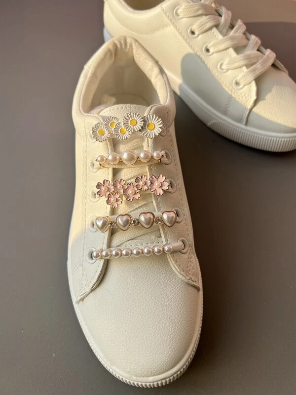 5pcs Heart & Flower Design Shoe Decoration, White And Pink Zinc Alloy Fashionable Accessories For Clogs And Slides