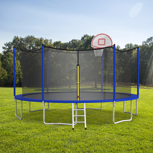 16ft Trampoline with Enclosure, New Upgraded Kids Outdoor Trampoline with Basketball Hoop and Ladder, Heavy-Duty Round Trampoline,Blue