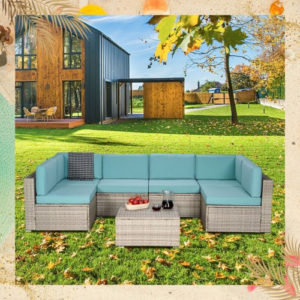 Outdoor Garden Patio Furniture 7-Piece Light Gray PE Rattan Wicker Sectional Teal Color Cushioned Sofa Sets
