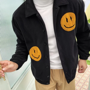 Mens’ Stylish Fleece Jacket with Patterned Button-Up Design