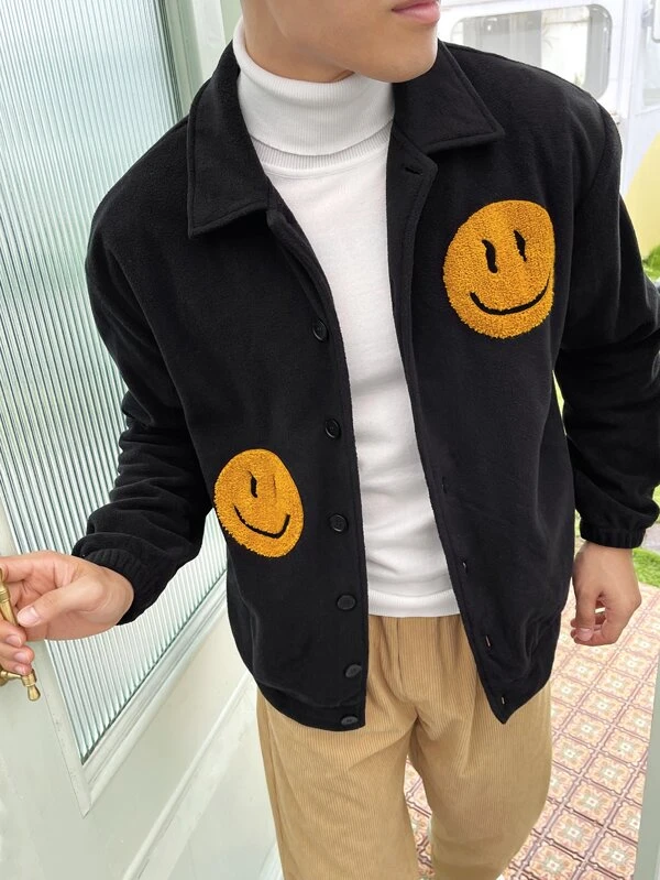 Mens' Stylish Fleece Jacket with Patterned Button-Up Design