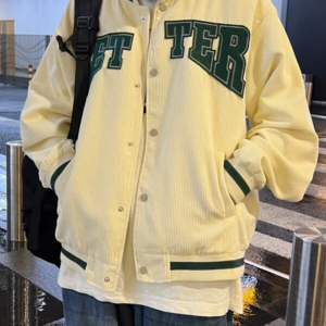 Striped Trim Corduroy Varsity Jacket with Men’s Letter Graphics
