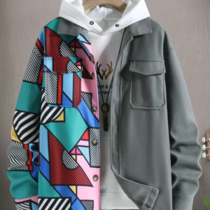 1-Piece Men’s Patchwork Print Overcoat with Pocket, No Hood