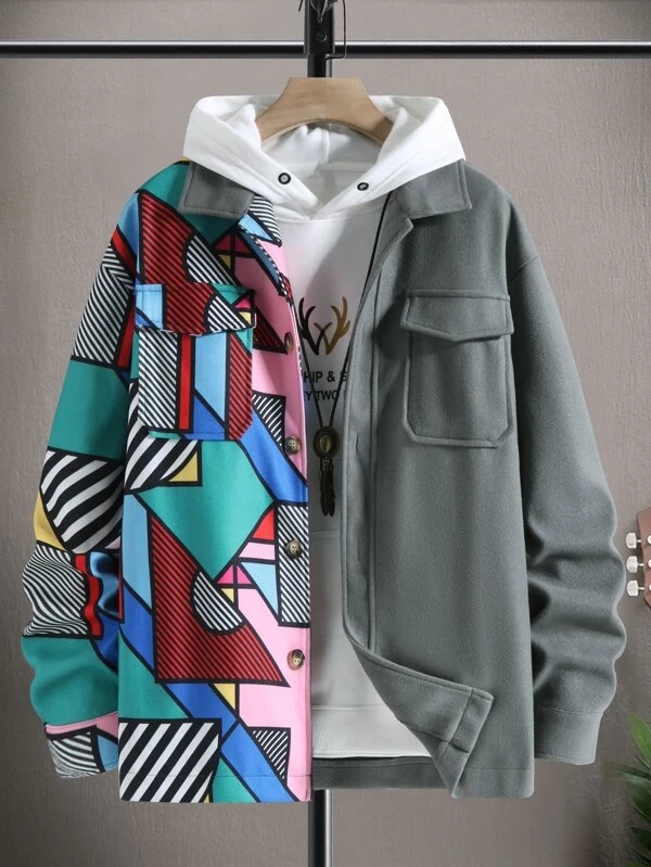 1-Piece Men's Patchwork Print Overcoat with Pocket, No Hood