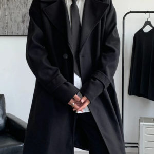 Men Lapel Collar Drop Shoulder Belted Overcoat