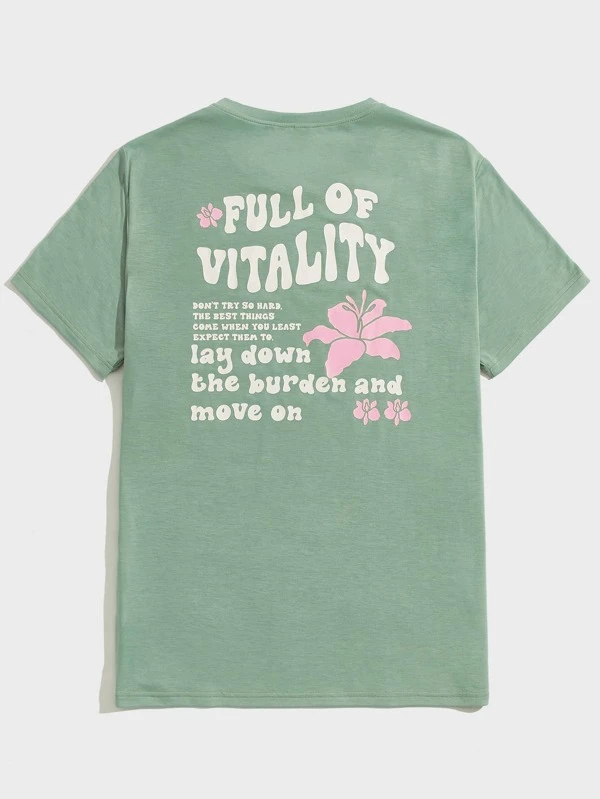 Men's Tee with Floral Patterns and Slogan Graphics