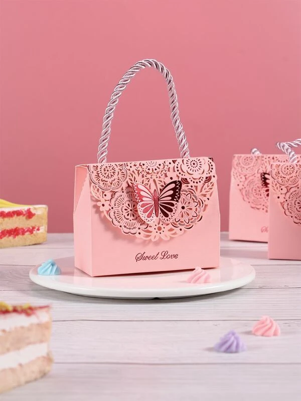 5pcs Hollow Butterfly Decor Gift Bag, Pink Paper Portable Gift Packaging Box For Party