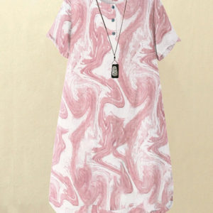 Buttoned Short Sleeve Midi Dress with Leisure Wave Pattern Print