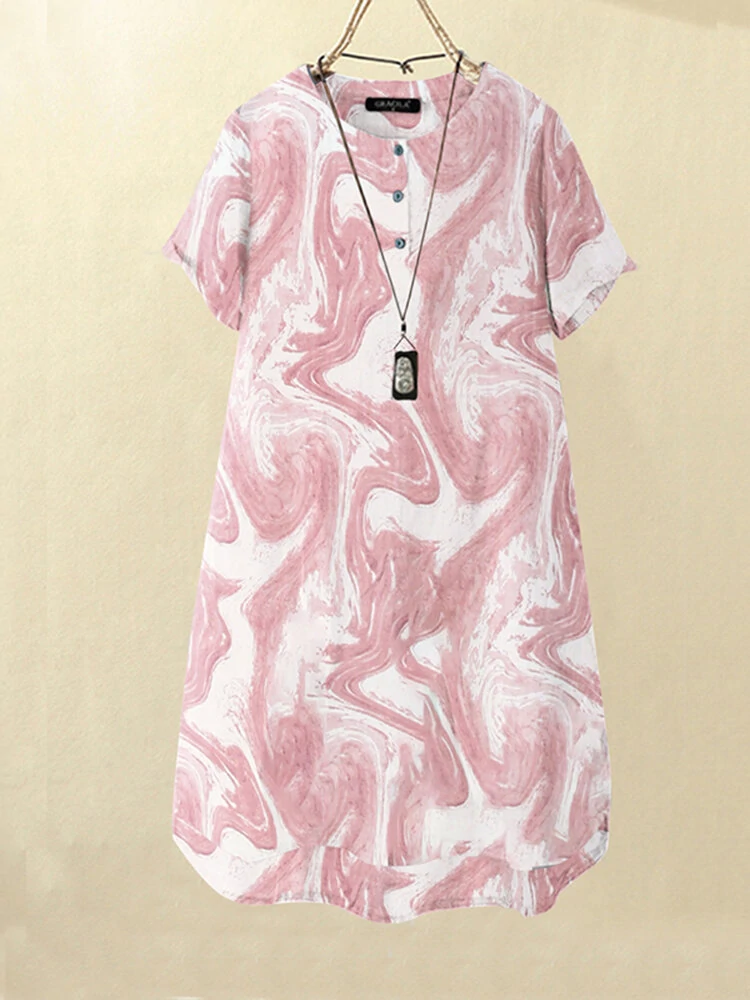 Buttoned Short Sleeve Midi Dress with Leisure Wave Pattern Print