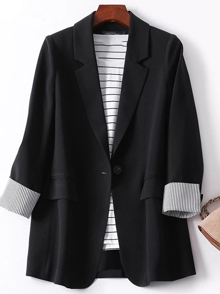 Lapel Blazer with Button Front and Stripe Panel