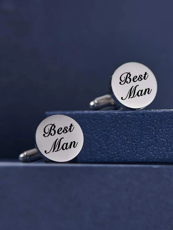 1pair Fashionable Stainless Steel Slogan Detail Round Cufflinks For Men For Gift