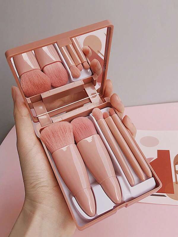 5pcs Makeup Brush Set With Storage Box & Mirror
