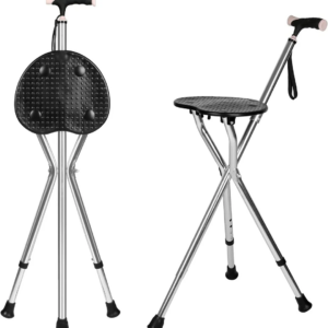 Folding Cane Seat Combo 400 lbs Capacity Portable Cane Stool Handy Folding Crutch Chair Seat 3 Legs Thick Aluminum Walking Stick Tall Unisex for Elder