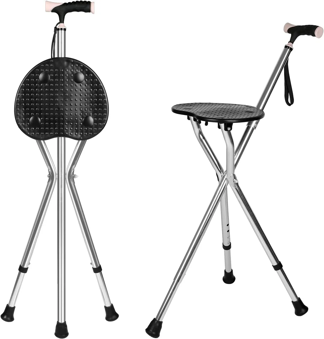 Folding Cane Seat Combo 400 lbs Capacity Portable Cane Stool Handy Folding Crutch Chair Seat 3 Legs Thick Aluminum Walking Stick Tall Unisex for Elder