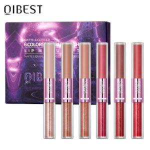 QIBEST Double Head Lip Gloss Kit Non-Stick Non-Fading Lip Glaze Matte Matte Shimmering Liquid Lipstick Set