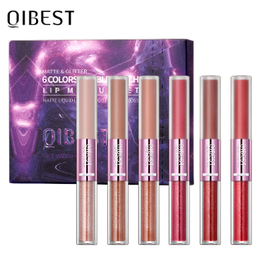 QIBEST Double Head Lip Gloss Kit Non-Stick Non-Fading Lip Glaze Matte Matte Shimmering Liquid Lipstick Set