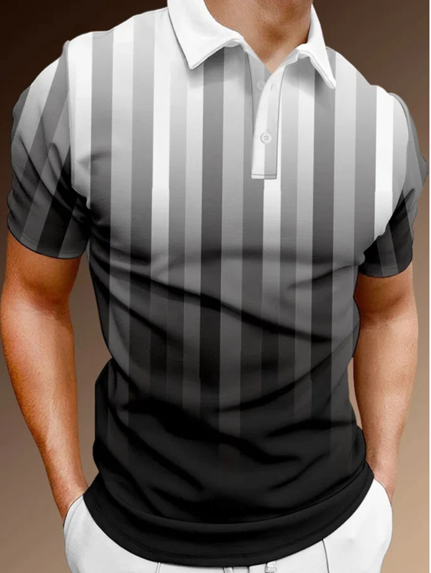 Men's Lapel Stripe Gradient Print Casual POLO Shirt