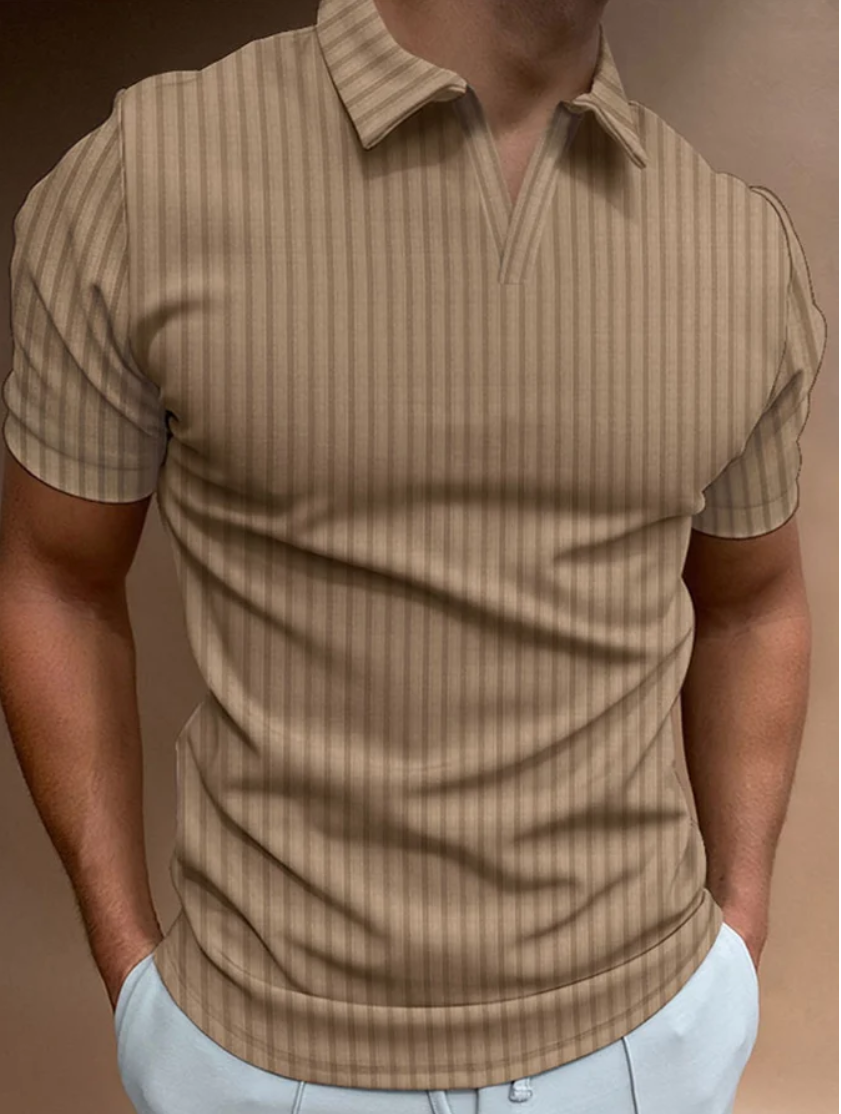 Solid Color Striped Short-Sleeved V-Neck Pullover Polo Shirt