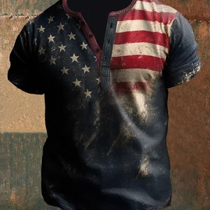 Men’sAmerican Flag Henley Collar T-Shirt